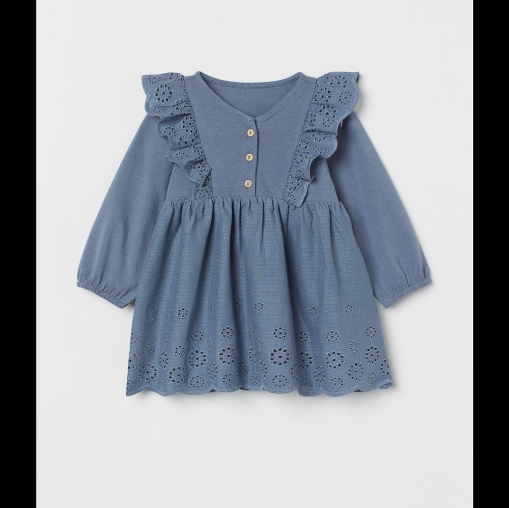 H&M Dusty Blue Eyelet Ruffle Long-Sleeve Dress